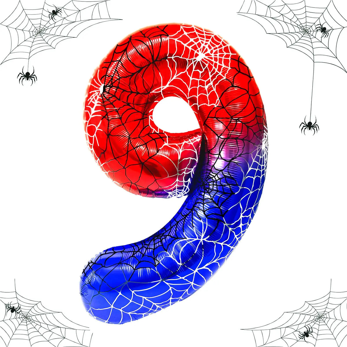 A red and blue foil balloon shaped like the number 9 with spiderweb patterns.