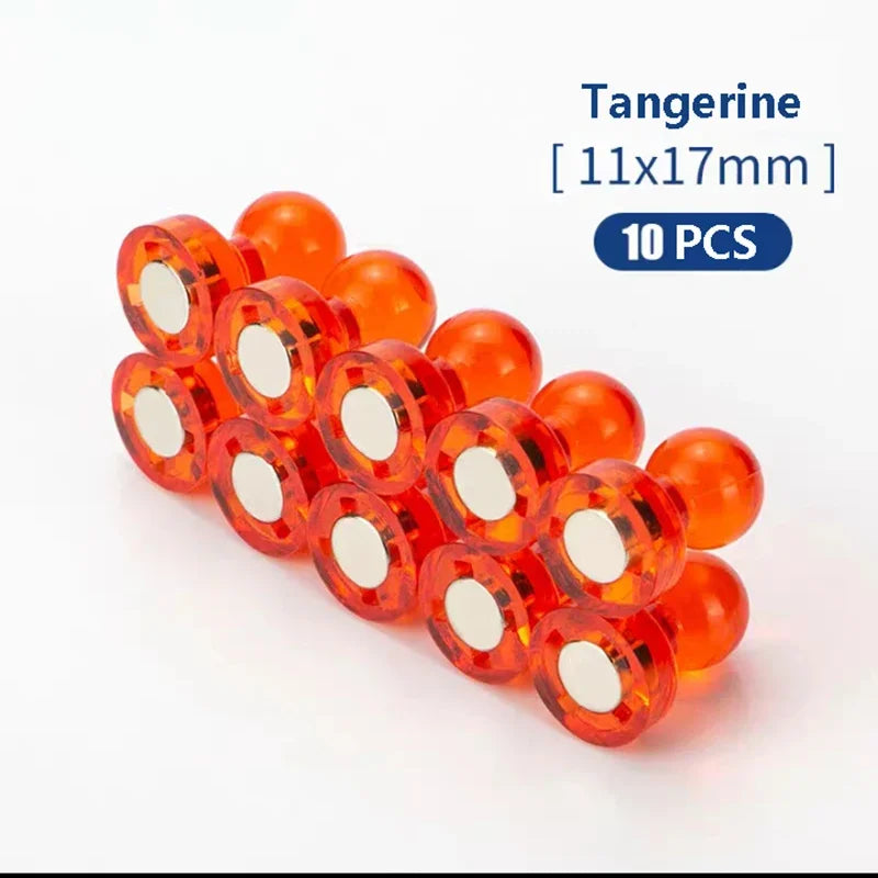 A collection of 10 orange tangerine-colored neodymium pin magnets with plastic shells.