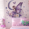 A bedroom wall decal featuring a fairy with purple butterfly wings and a crescent moon surrounded by flowers.