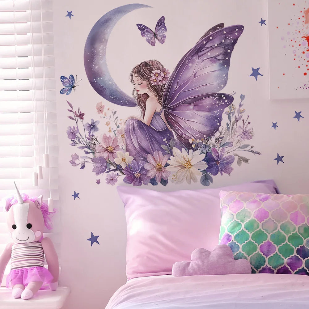 A bedroom wall decal featuring a fairy with purple butterfly wings and a crescent moon surrounded by flowers.