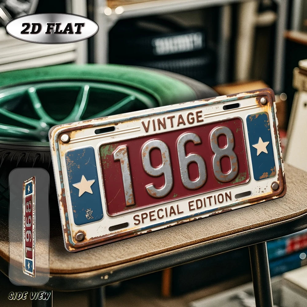 A vintage metal year wall plaque for 1968 displayed on a wooden surface.