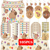 A set of happy capybara birthday party decorations including banners, balloons, plates, and cupcake toppers.