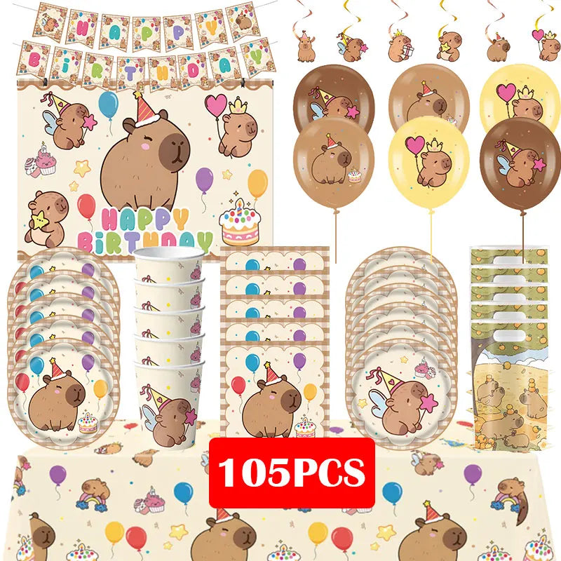 A set of happy capybara birthday party decorations including banners, balloons, plates, and cupcake toppers.