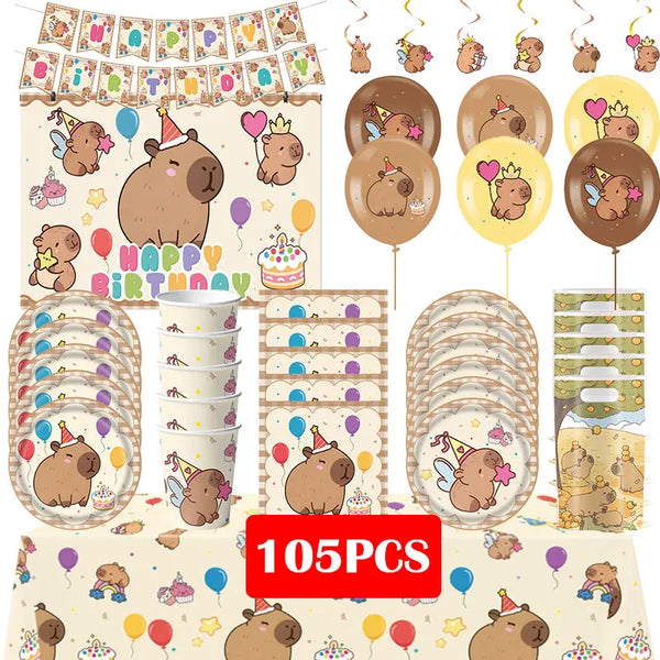 A set of happy capybara birthday party decorations including banners, balloons, plates, and cupcake toppers.