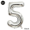 Silver foil number balloon shaped like the number 5, measuring 32 inches.