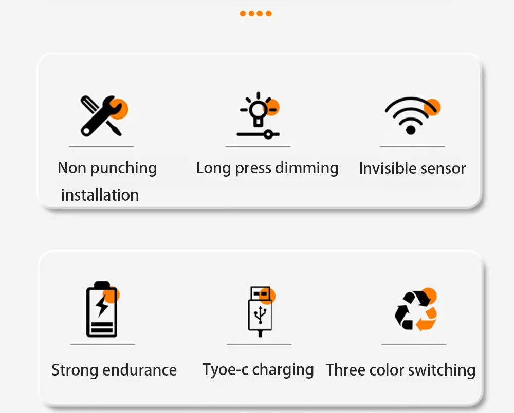 Features of a rechargeable motion sensor under-cabinet light including non-punching installation, long press dimming, invisib