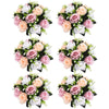 A set of six rose ball centerpieces featuring pink, peach, and white silk artificial flowers with green foliage.