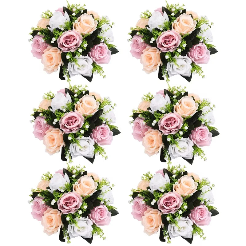 A set of six rose ball centerpieces featuring pink, peach, and white silk artificial flowers with green foliage.