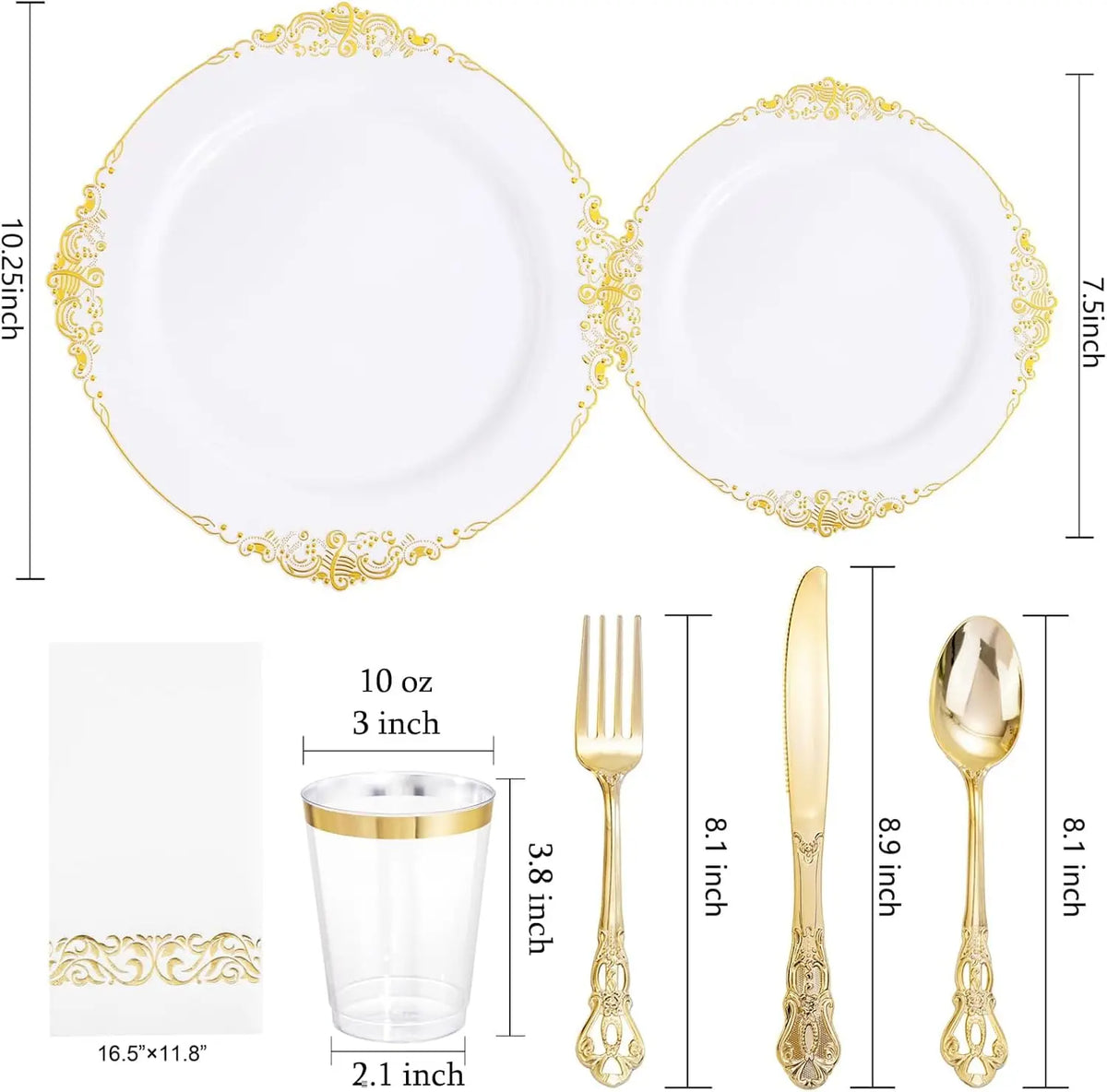 Ein Set gold- und weißer Plastik-Serviergeschirr mit Tellern und Suppenlöffel.