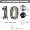Silver and black number foil balloons including 10 inch, 32 inch, and 10 ribbon roll