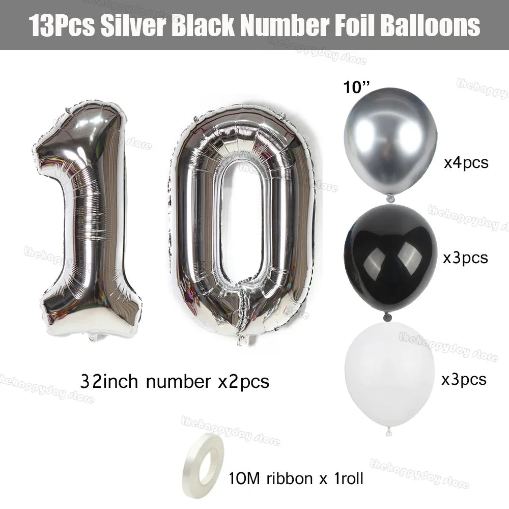 Silver and black number foil balloons including 10 inch, 32 inch, and 10 ribbon roll