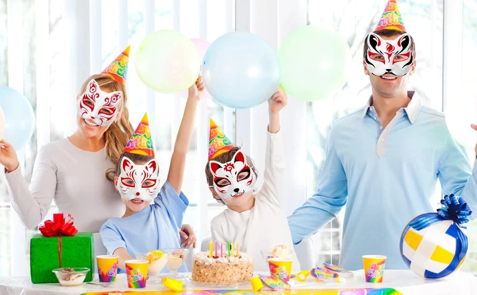 A family of three is wearing blank white cat half masks for DIY decoration and cosplay with colorful treats.
