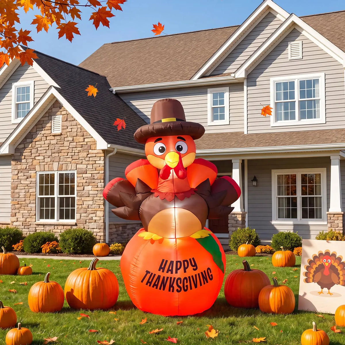 A large orange inflatable pumpkin turkey decoration placed in front of a house with autumn leaves and pumpkins.