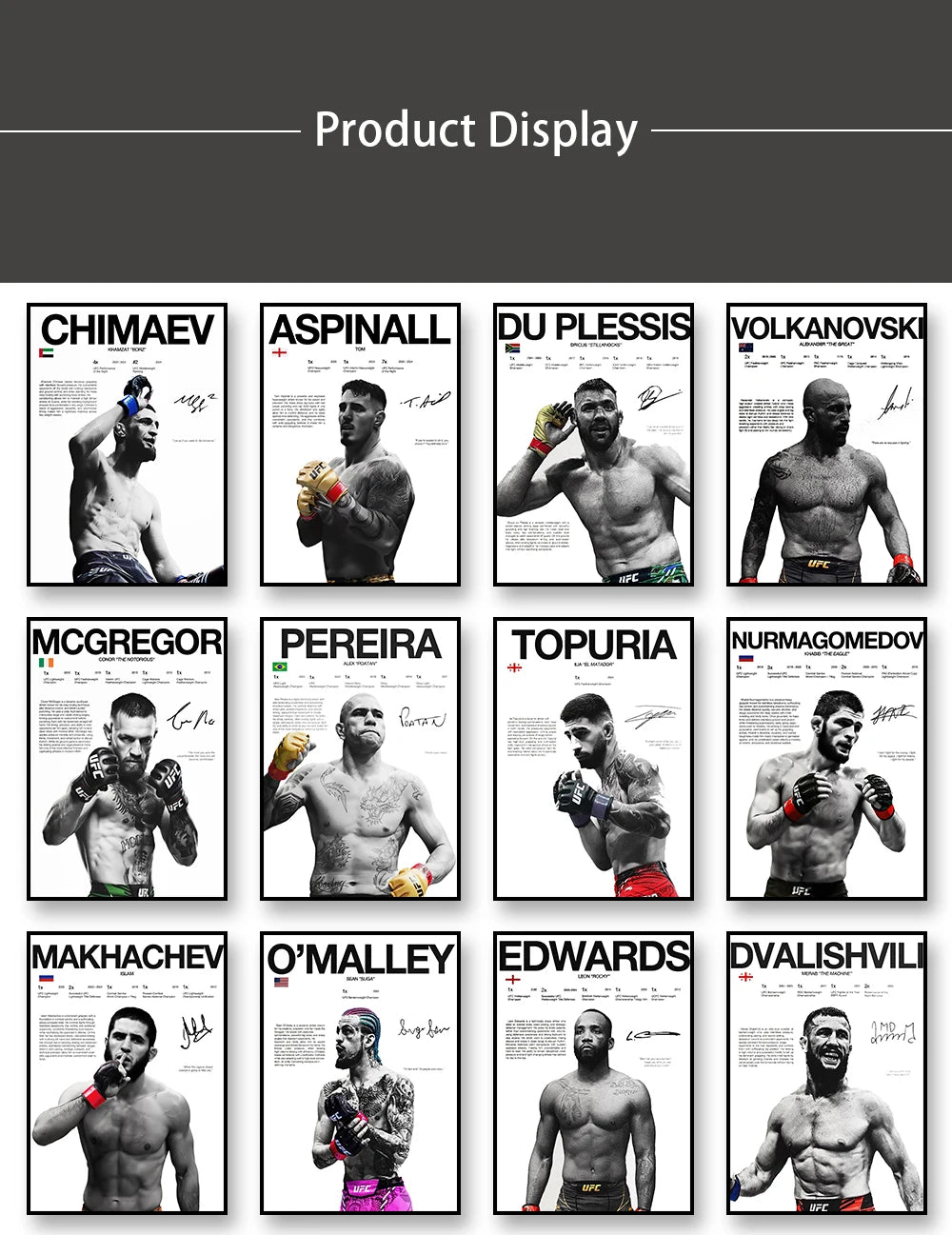 A display of boxing fighter canvas wall art prints featuring various fighters like Chimaev, Spinall, and Gore.
