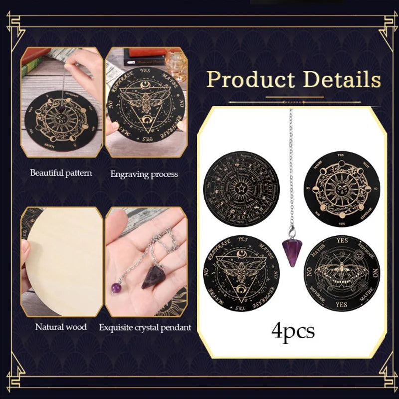 Four pieces of wooden divination boards with engraved symbols and crystal pendants for spiritual use