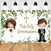 A white backdrop featuring gold crosses and green foliage for a First Holy Communion celebration.