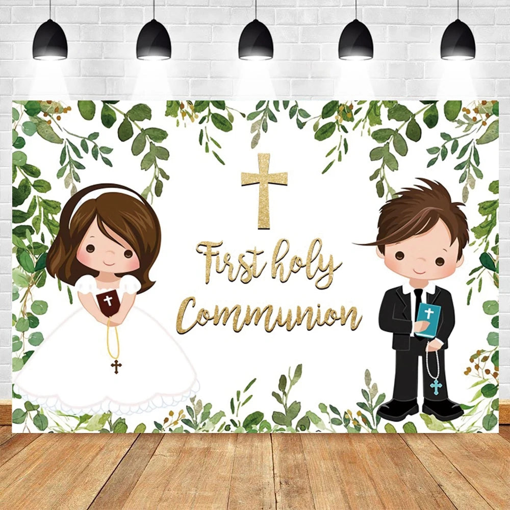 A white backdrop featuring gold crosses and green foliage for a First Holy Communion celebration.