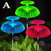Three solar jellyfish garden lights in green, blue, and red illuminating a green foliage background.