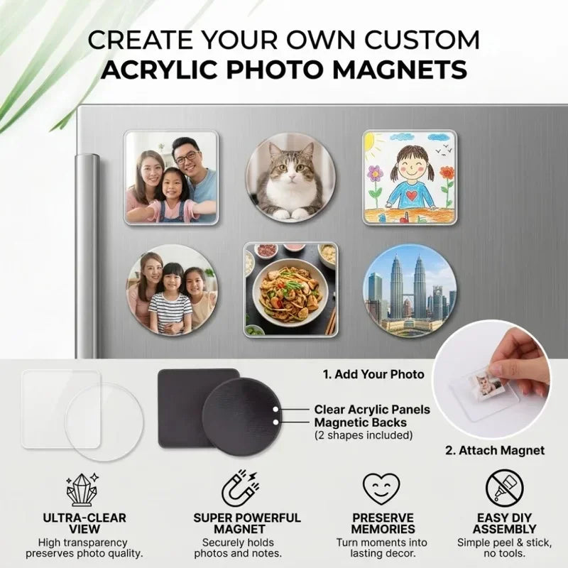 A set of clear acrylic photo magnets featuring various images like people and animals for custom photo making