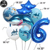 A collection of blue shark foil balloons in various sizes including 15 pieces, 2x 18 inch, 5x 12 inch, and 1x 32 inch.