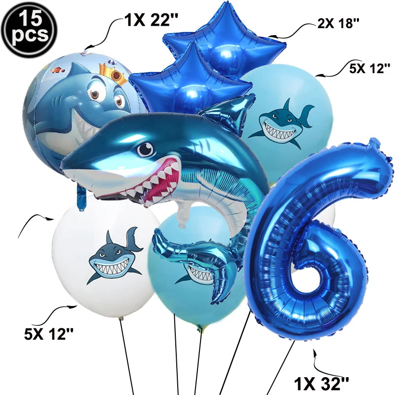 A collection of blue shark foil balloons in various sizes including 15 pieces, 2x 18 inch, 5x 12 inch, and 1x 32 inch.