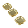 A set of three gold-colored mirror-finish mini trays for jewelry, snacks, and decor.