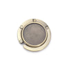 A round, brass-toned hook with a circular opening and four small holes for hanging.