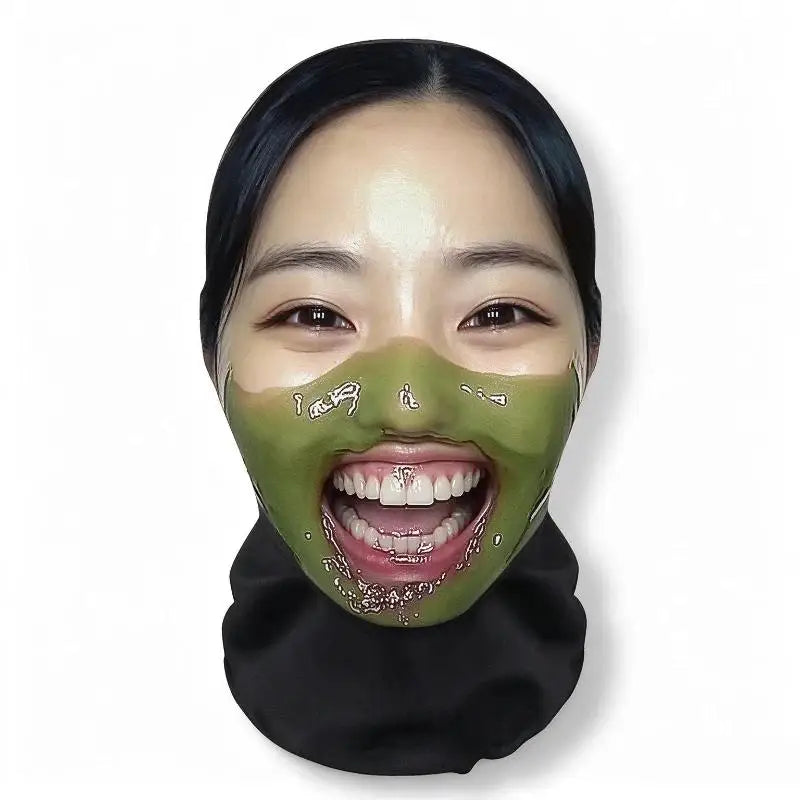 A realistic 3D printed horror balaclava mask covering the lower face of an Asian woman.
