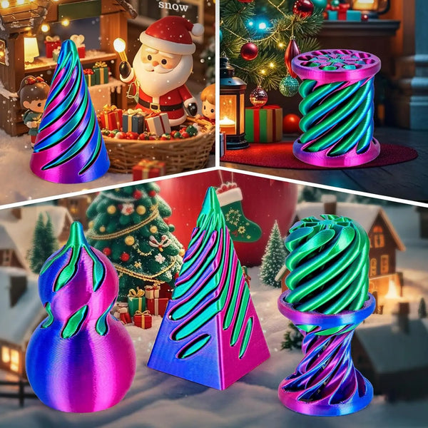 A set of 3D printed spiral fidget toys in vibrant purple and green colors displayed in a festive holiday setting.