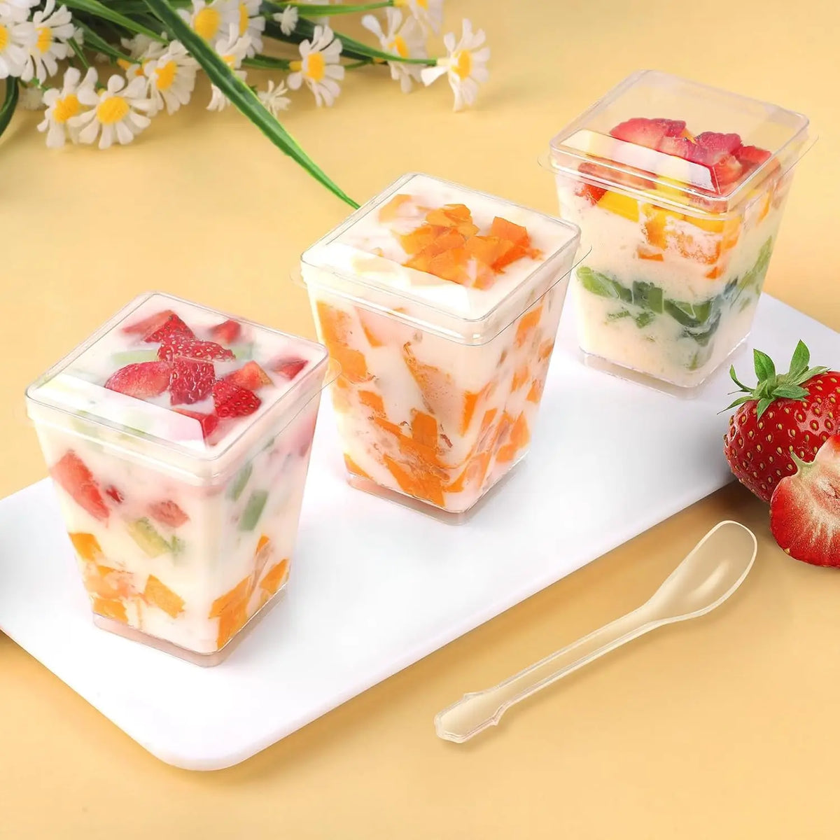 A white rectangular plate holds three clear plastic dessert cups filled with layered fruit and cream, accompanied by a spoon.
