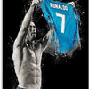 A black and white photo of Cristiano Ronaldo holding a blue jersey with the number 7.