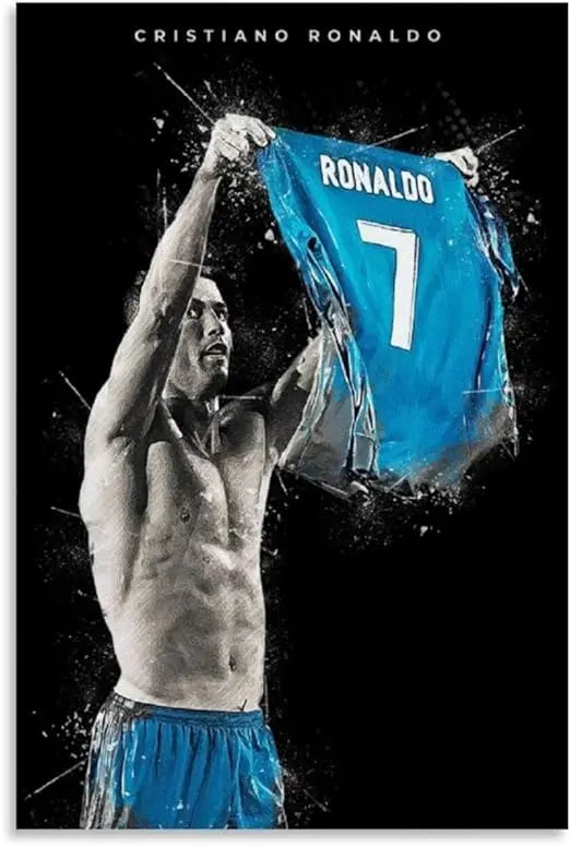 A black and white photo of Cristiano Ronaldo holding a blue jersey with the number 7.