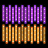 A display of glow sticks, with some purple and some orange lights, arranged in vertical bars.