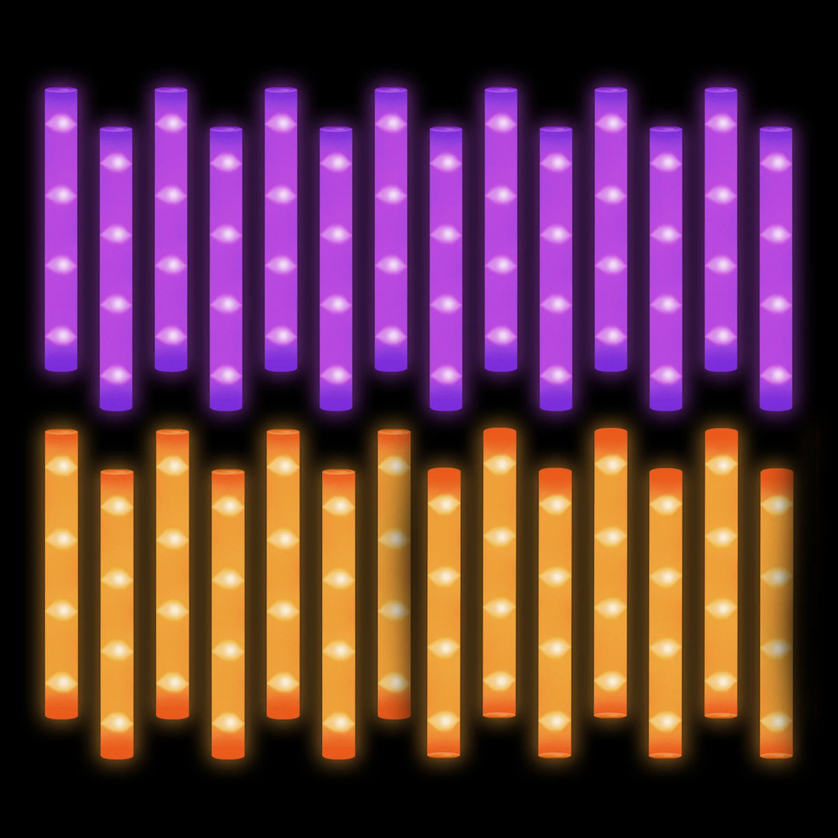 A display of glow sticks, with some purple and some orange lights, arranged in vertical bars.