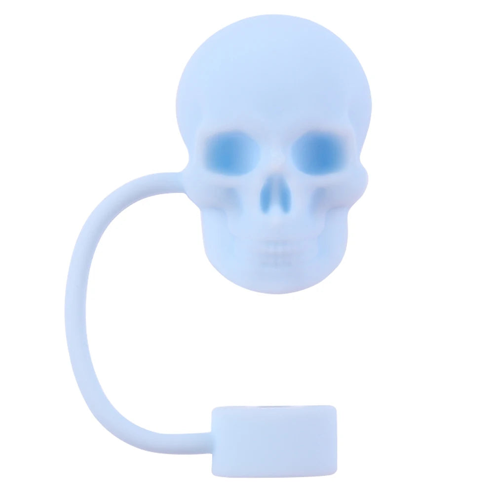 A light blue reusable silicone straw cover with a flexible loop and a square base.