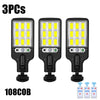 Three solar powered motion sensor security lights with 108 LED bulbs shown side by side.