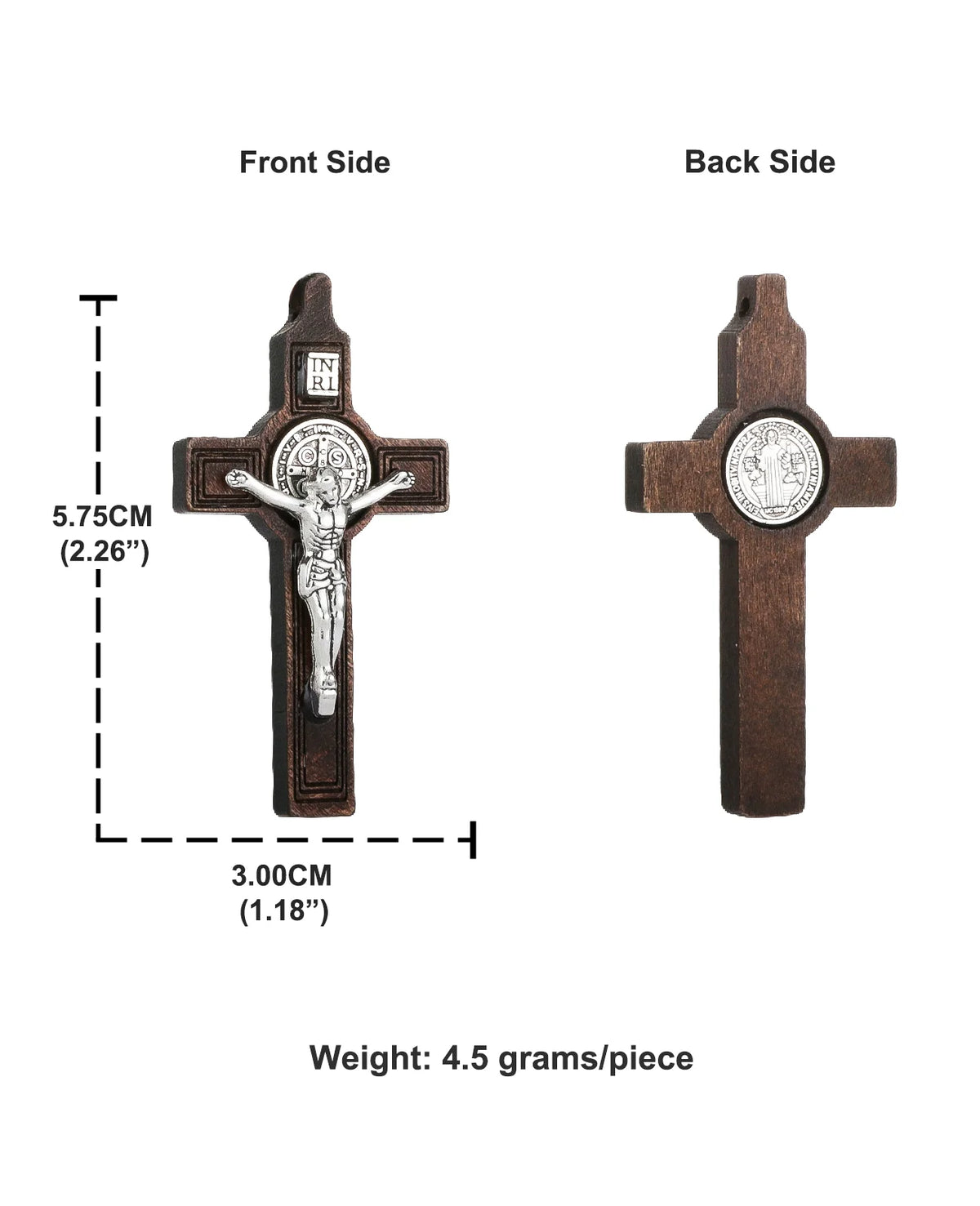 A wooden crucifix pendant showing the front and back sides of a St. Benedict cross with a figure of Christ.