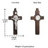 A wooden crucifix pendant showing the front and back sides of a St. Benedict cross with a figure of Christ.