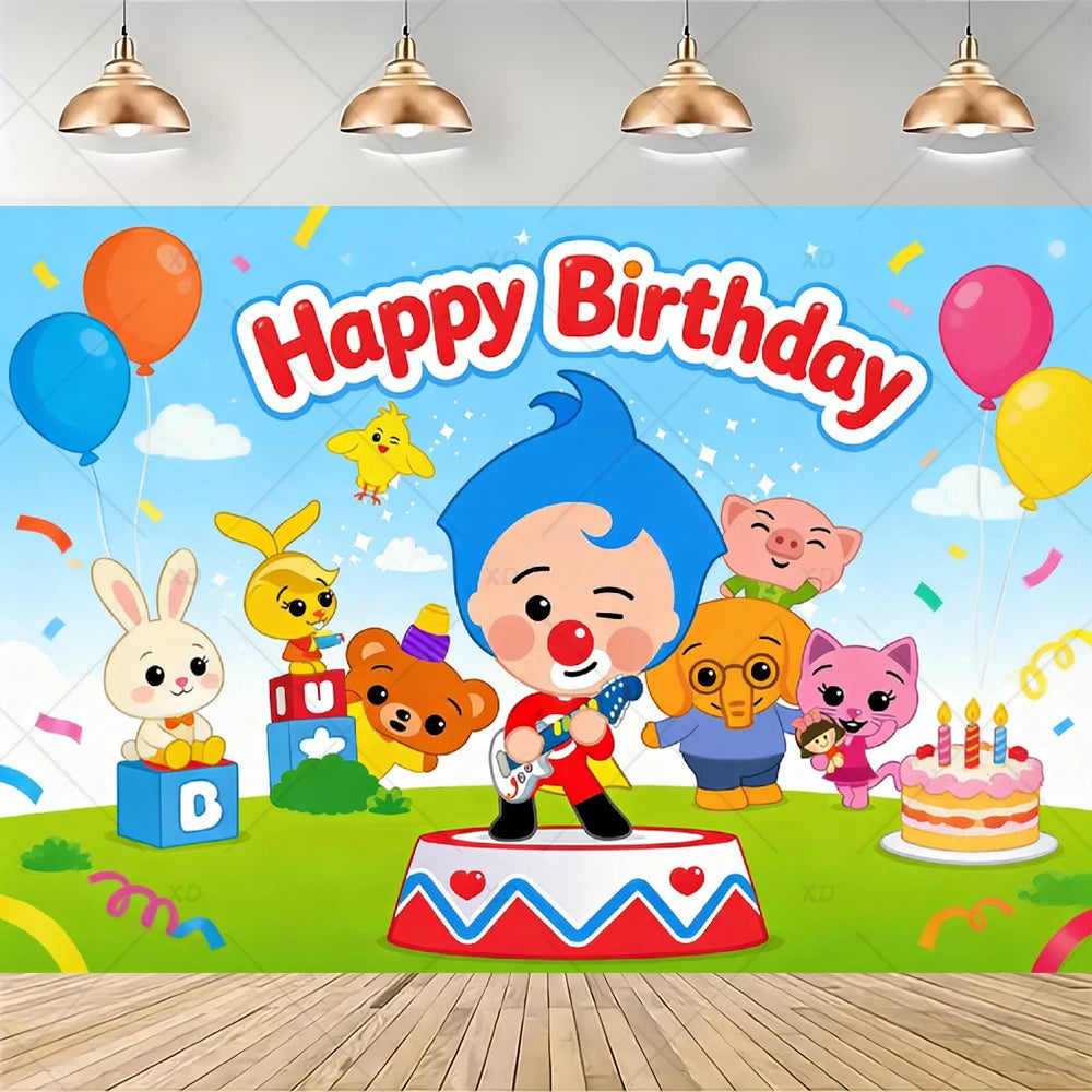 A colorful cartoon animal birthday decoration set featuring a character and balloons on a green field.
