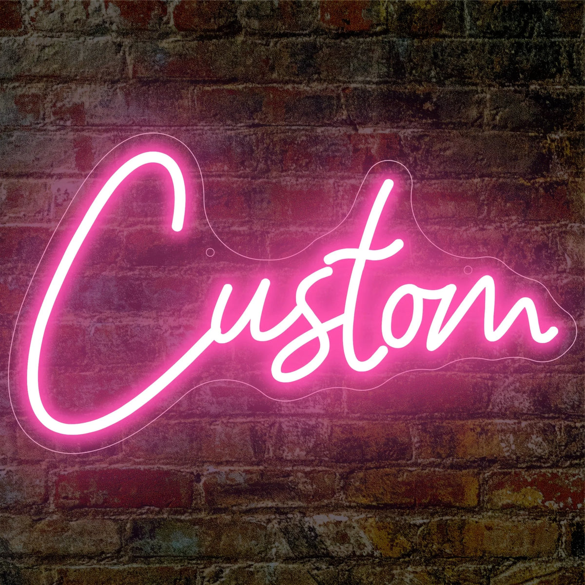 A glowing pink neon sign spelling the word Custom is mounted on a textured brick wall.