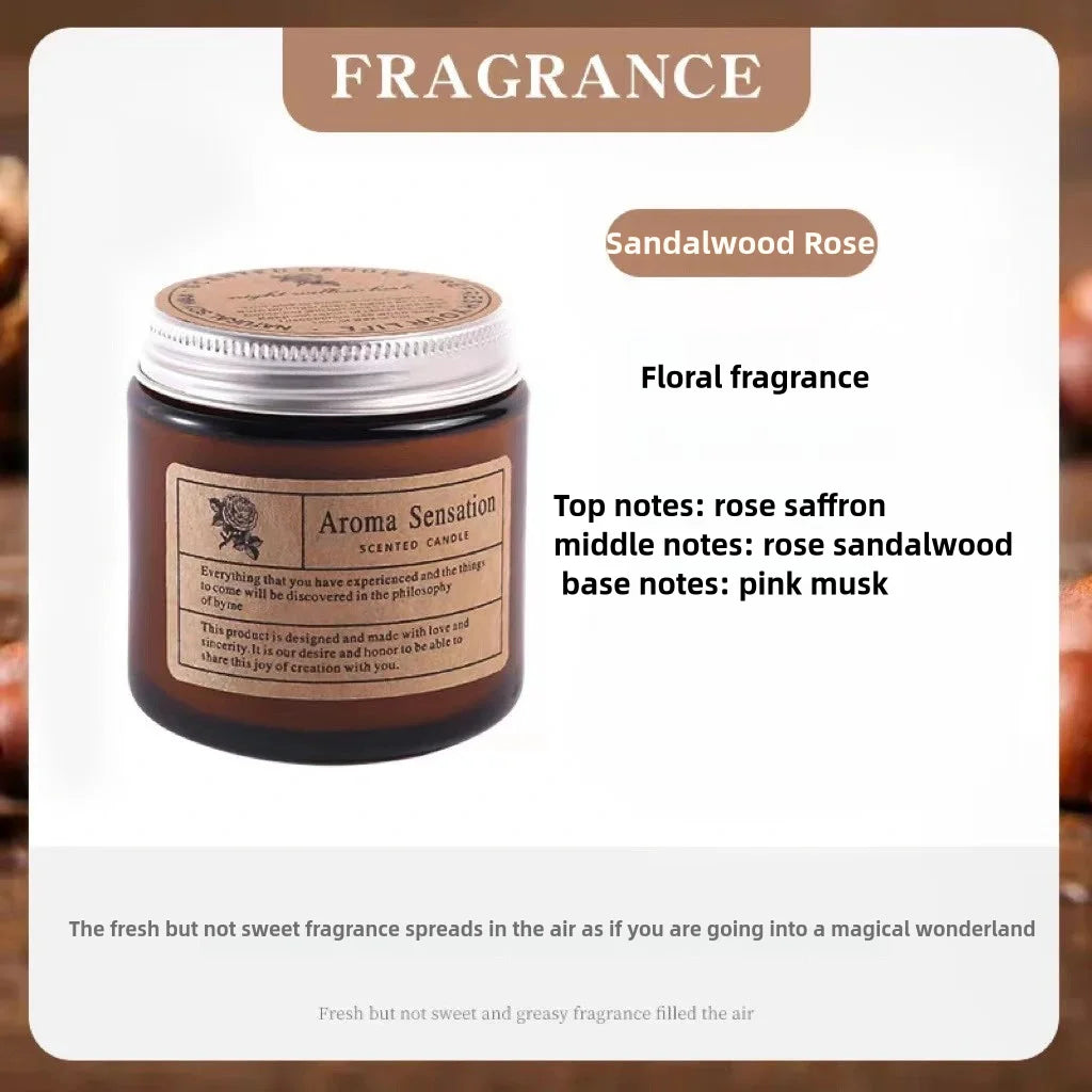 A jar of Sandalwood Rose floral fragrance candle with a gold lid and label