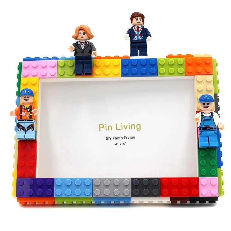 A DIY building block photo frame kit featuring minifigures and colorful plastic blocks.