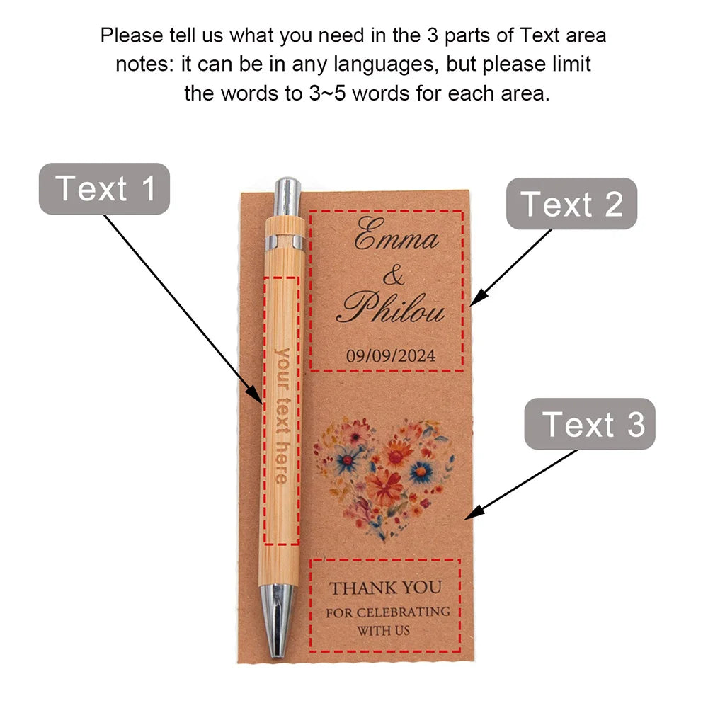 A set of personalized engraved bamboo pens with thank you cards featuring names and a floral design.