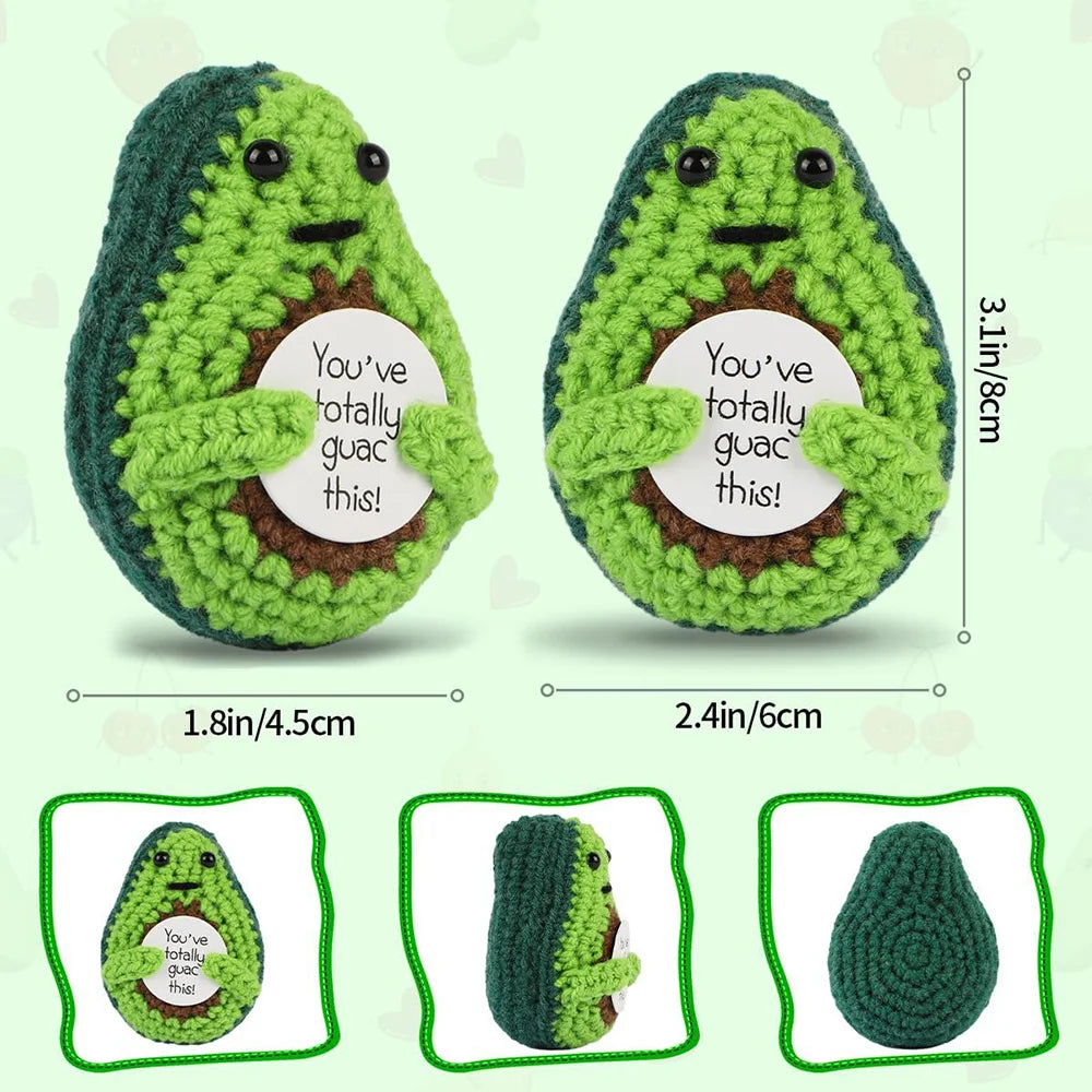 Handmade crochet avocado green potato doll with an inspirational card