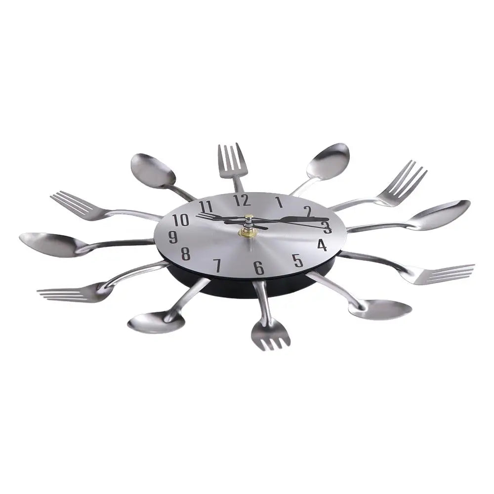 A modern cutlery set designed as a 3D wall clock with silverware arms radiating from the center.