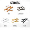 Four examples of magnetic wooden poster hangers in teak, black walnut, white, natural wood, and black finishes.