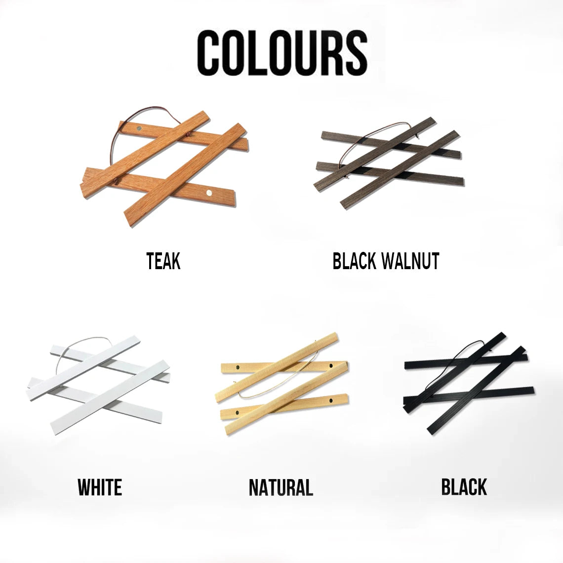 Four examples of magnetic wooden poster hangers in teak, black walnut, white, natural wood, and black finishes.