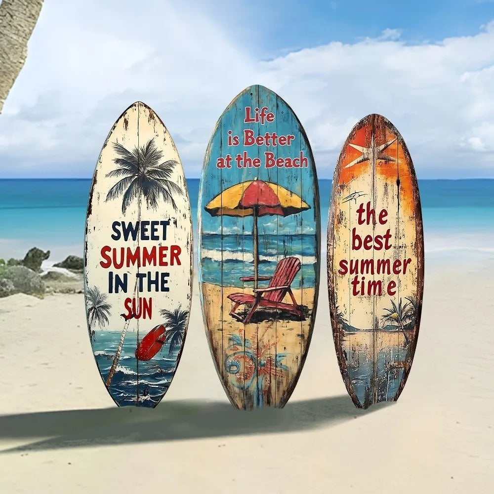 Three wooden surfboards with inspirational text on a beach background