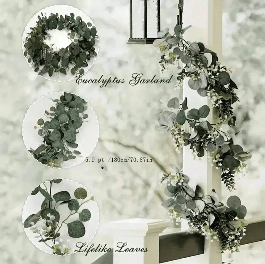 A vertical display of an artificial eucalyptus garland with white flowers, showing various arrangements and scale references.