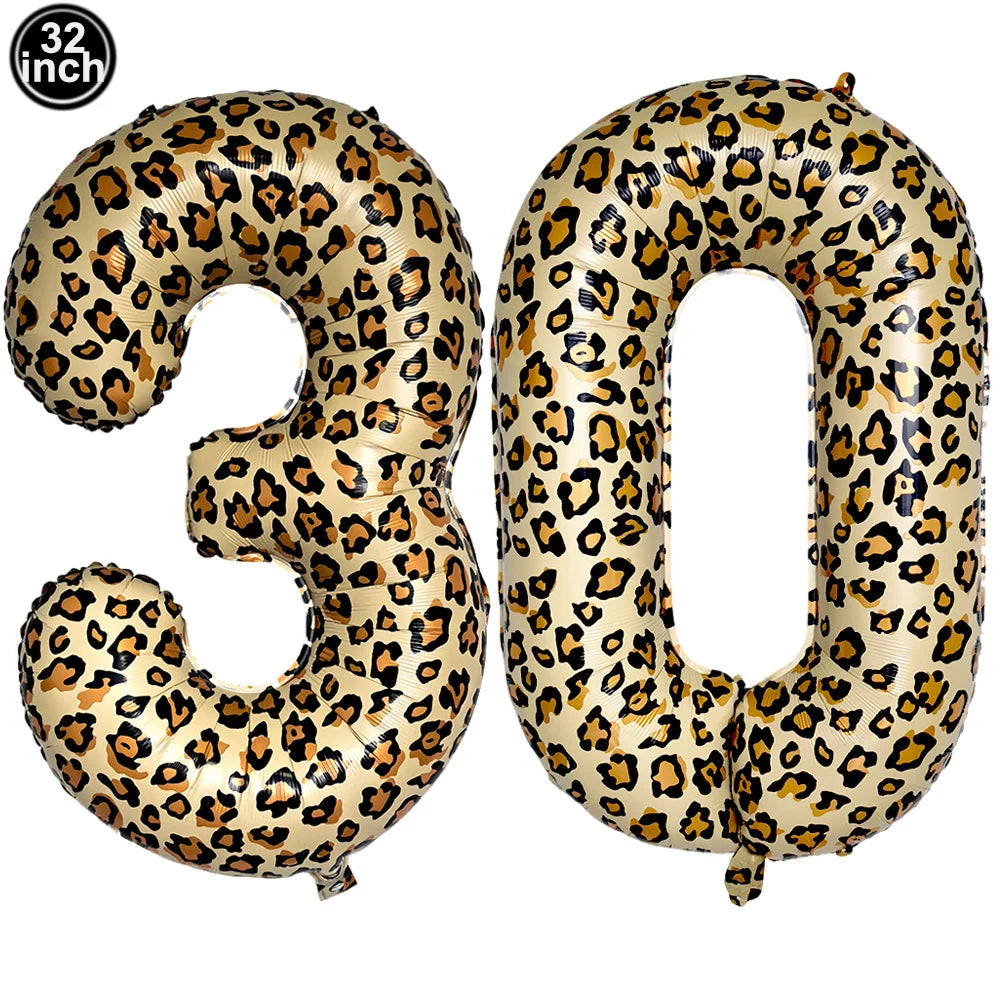 Gold foil balloon number 30 with a leopard print pattern